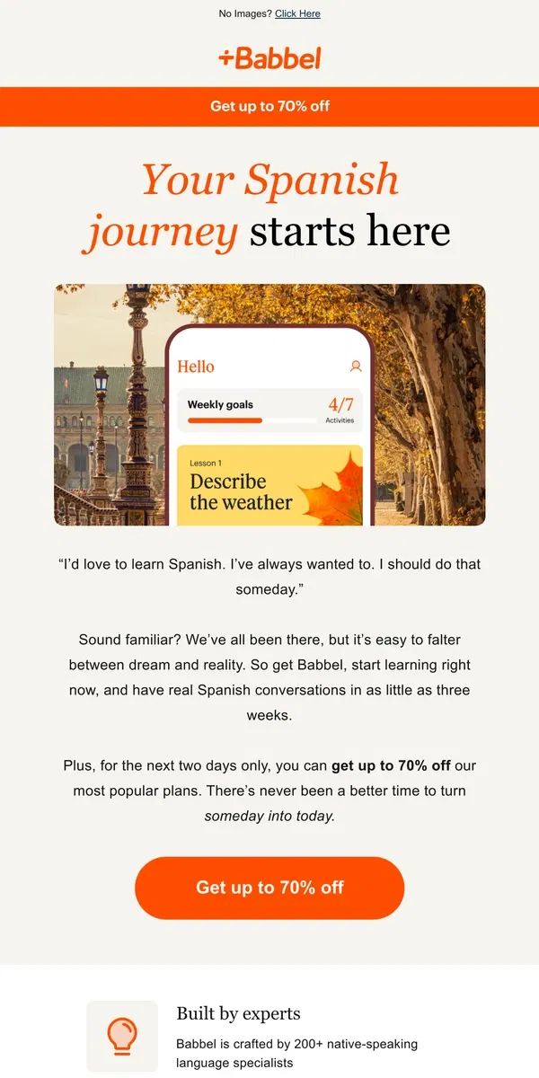 Email from Babbel. 70% OFF? Yes please! 🤩