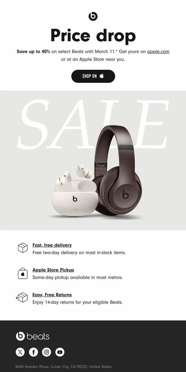 Email from Beats by Dre. SALE: Up to 40% off select Beats