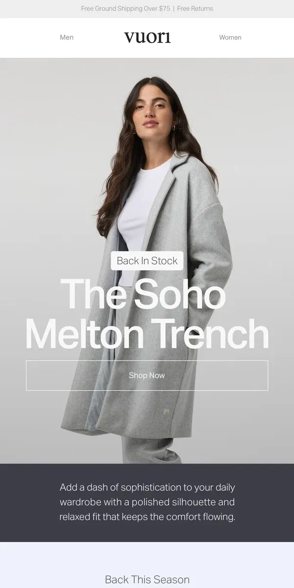 Email from Vuori. Back In Stock: The Soho Melton Trench