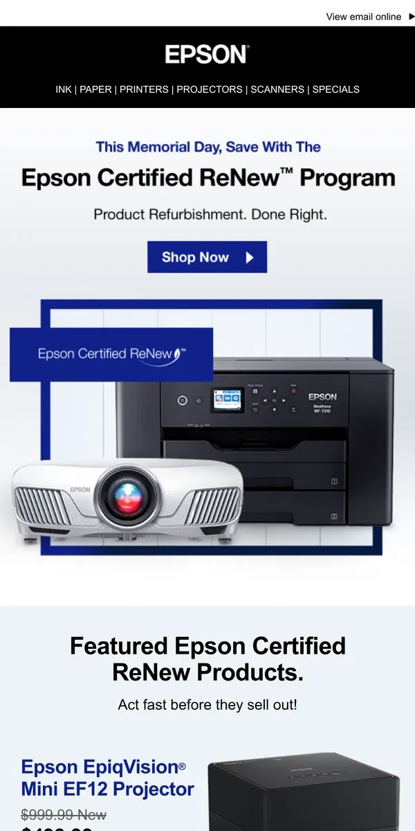 Email from Epson. Save Now for Memorial Day Weekend