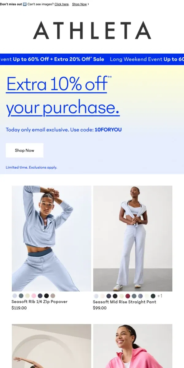 Email from Athleta. 48 hours only: extra 10% off your cart 🛒