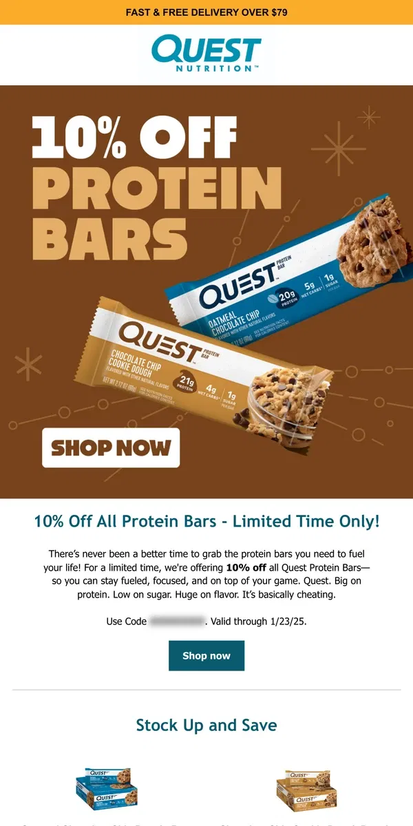 Email from Quest Nutrition. Raise the bar in 2025: Protein Bar Sale