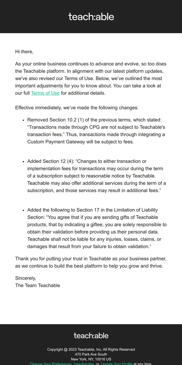 Email from Teachable. Updates to Teachable Terms of Use