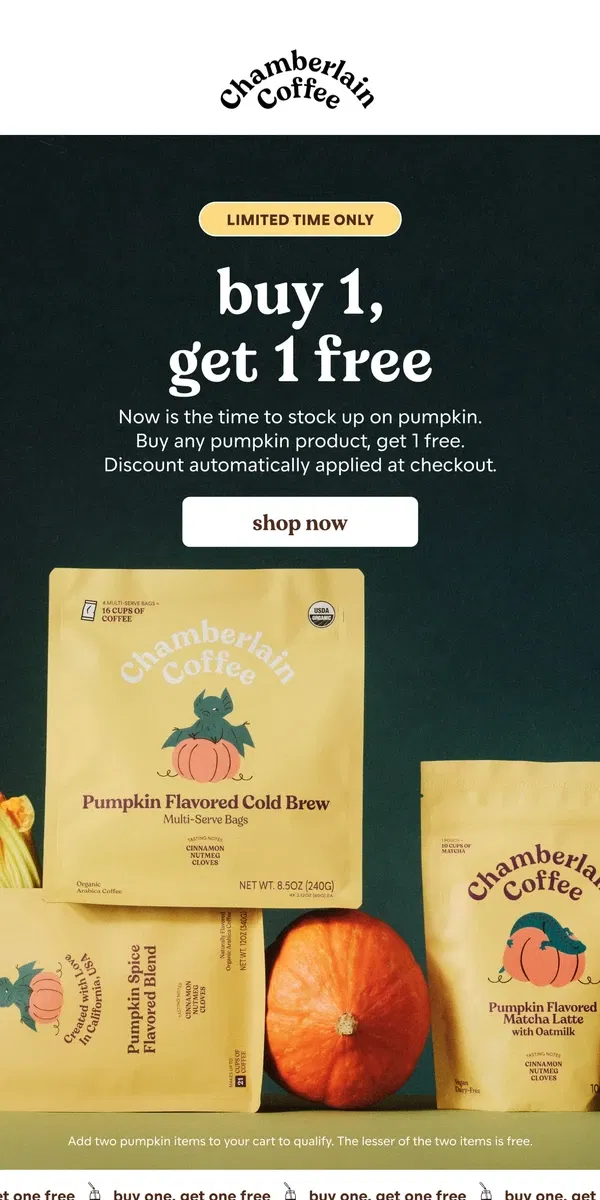 Email from Chamberlain Coffee. pumpkin bogo!!