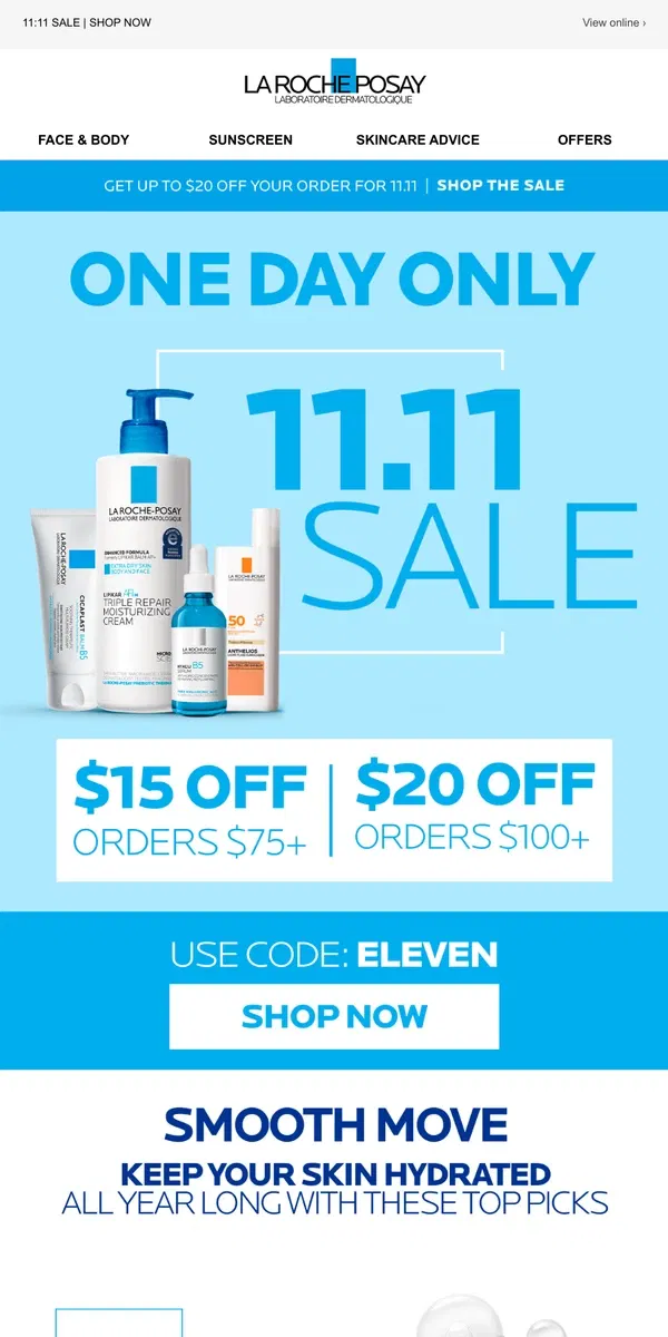 Email from La Roche-Posay. TODAY ONLY - 11:11 SALE!