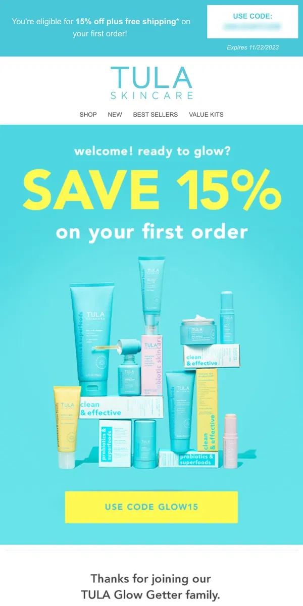 Email from TULA Skincare. You’re in -- save 15% today!