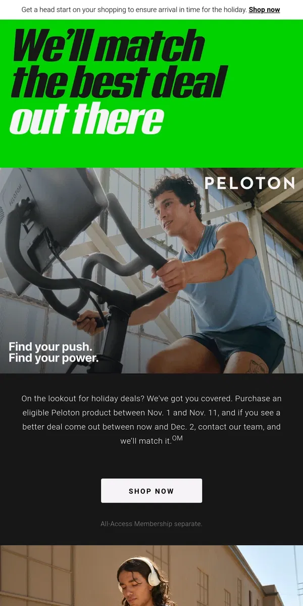 Email from Peloton. Our holiday Offer Match Guarantee