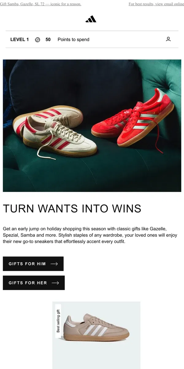 Email from Adidas. Turn early prep into holiday gifts