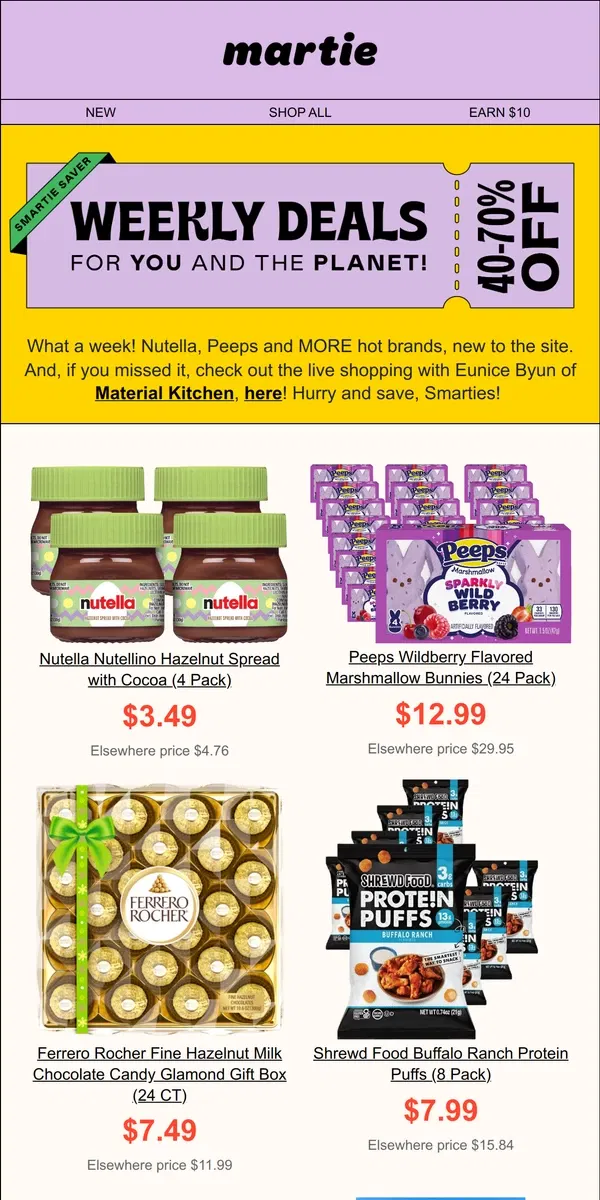 Email from Martie. 💥 80+ new deals! Nutella, Peeps and MORE! Your Smartie Saver is here.