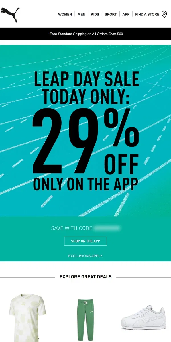 Email from Puma. TODAY: 29% Off For Our Leap Day Sale