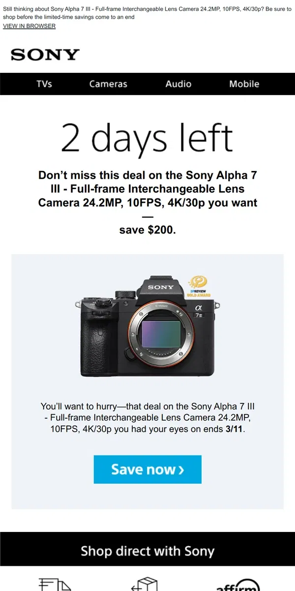 Email from Sony. Savings End Soon | Get What You Wanted for $200 Off