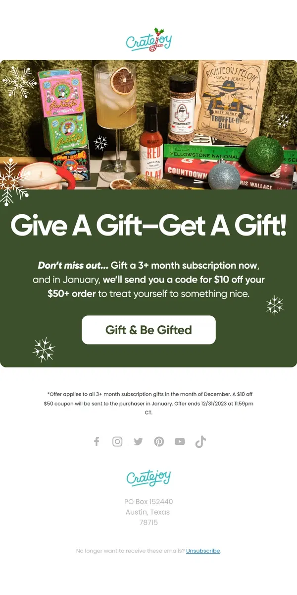 Email from Cratejoy. Don’t Miss Out: Give a Gift–Get A Gift!