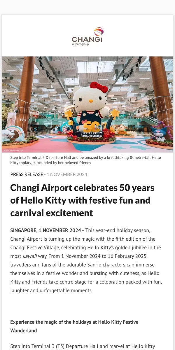 Email from Changi Airport. Changi Airport celebrates 50 years of Hello Kitty with festive fun and carnival excitement