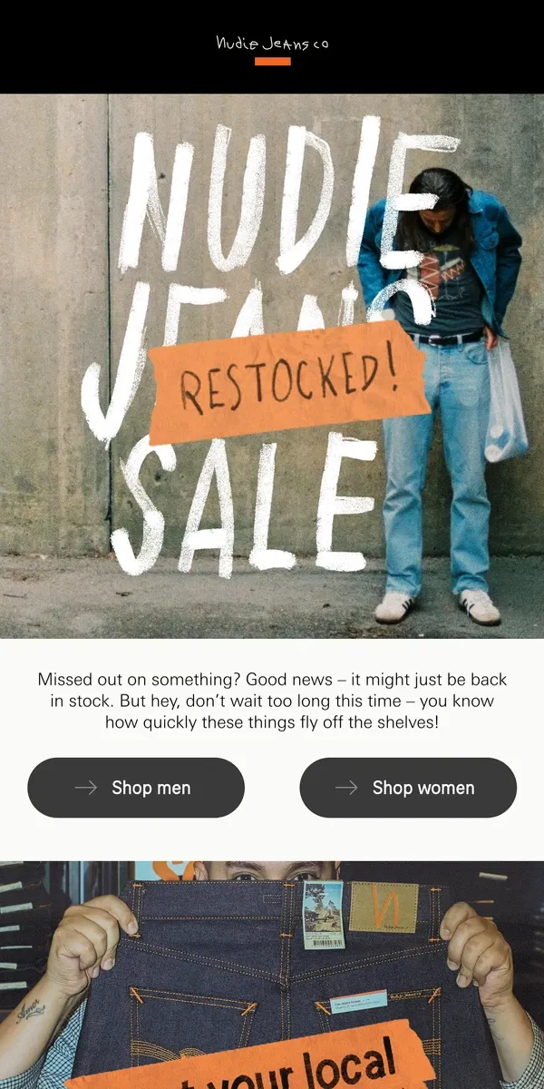 Email from Nudie Jeans. The SALE is restocked—don’t miss out!