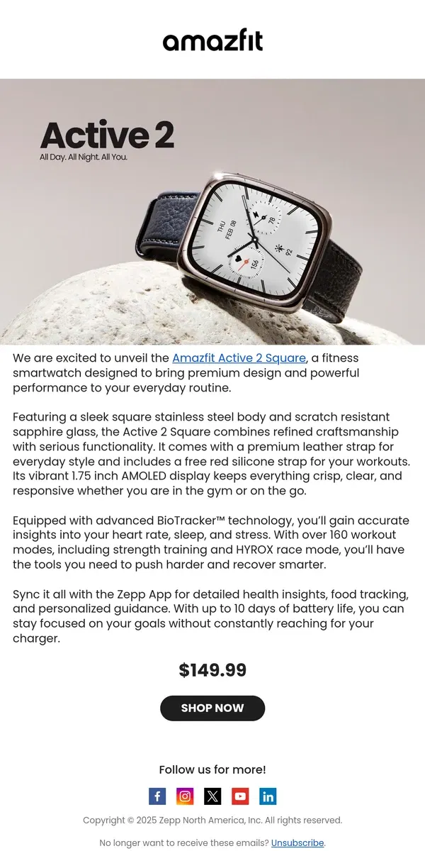 Email from Amazfit. Introducing the Amazfit Active 2 Square