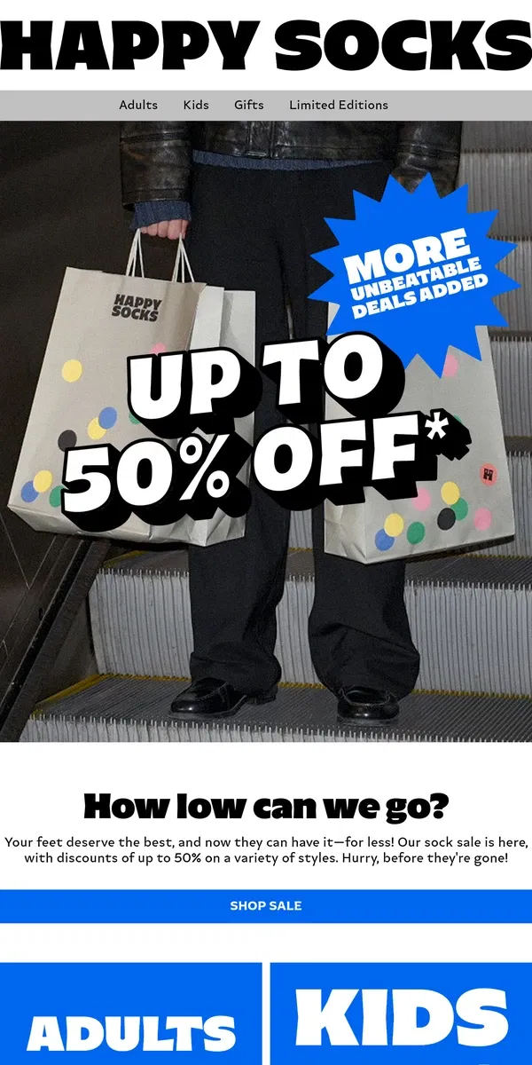 Email from Happy Socks. Further Reductions: Up to 50% Off!