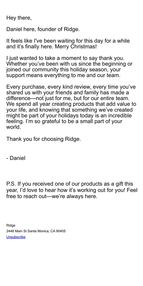 Email from The Ridge. Thank you from me & the team