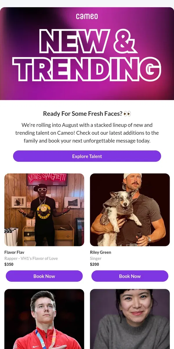 Email from Cameo. New & Trending Stars Now On Cameo!
