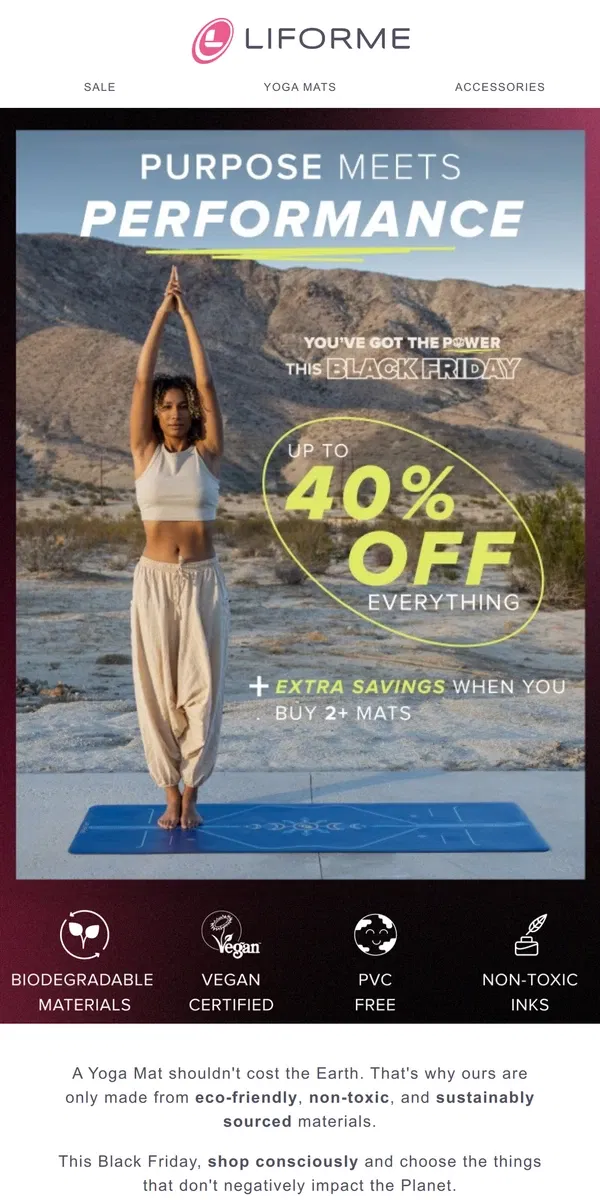 Email from Liforme. Black Friday Sale! Up to 40% off Planet-friendly Yoga Mats