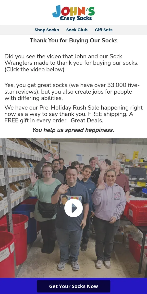 Email from John's Crazy Socks. Socks That Make a Difference