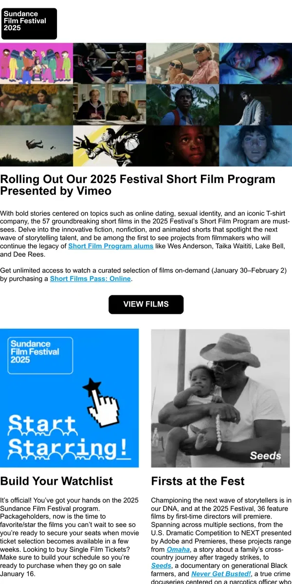 Email from Sundance. Dig Into the 2025 Short Film Program Now