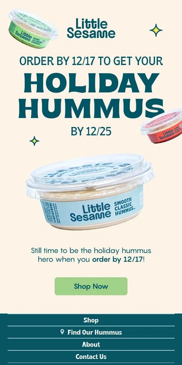 Email from Little Sesame. Hummus for the Holidays 🎁