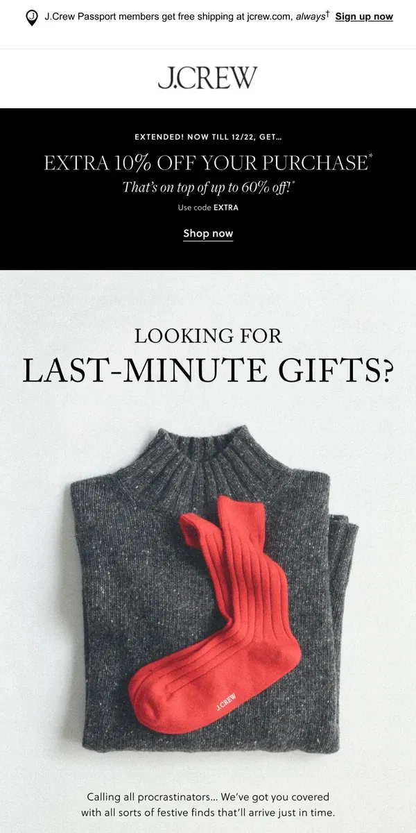 Email from J.Crew. Last-minute gift ideas, starting at $19.50