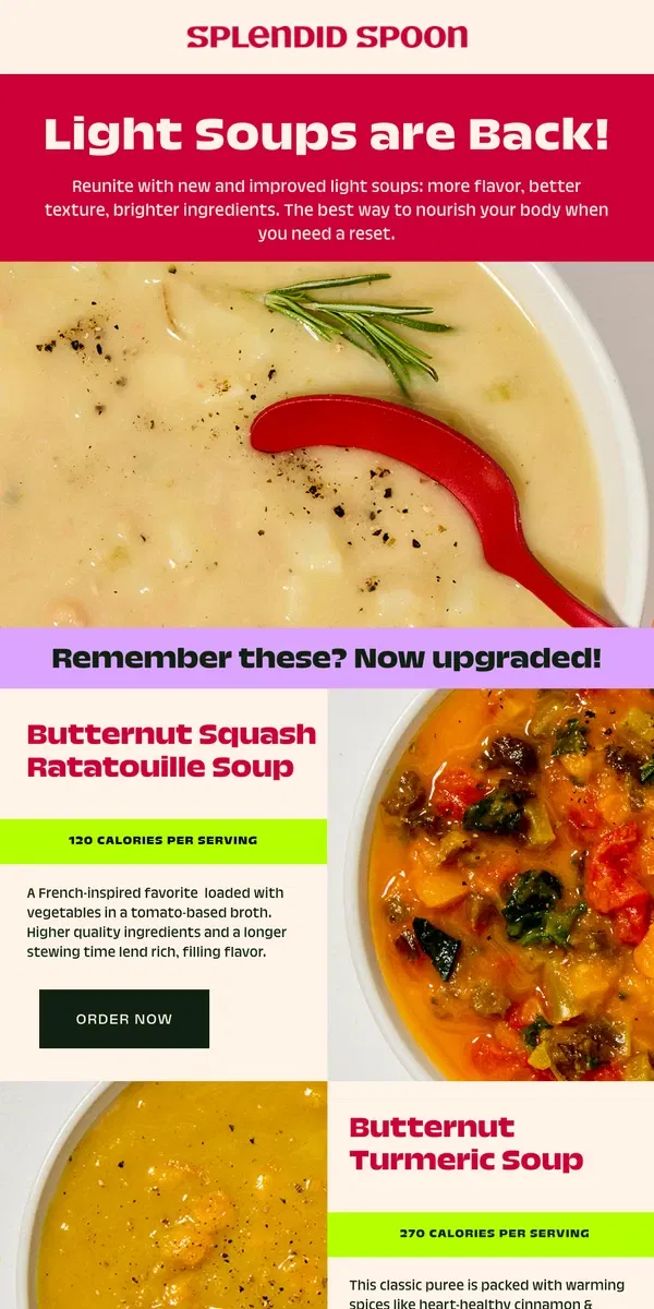 Email from Splendid Spoon. Old Favorites Return: Light Soups!