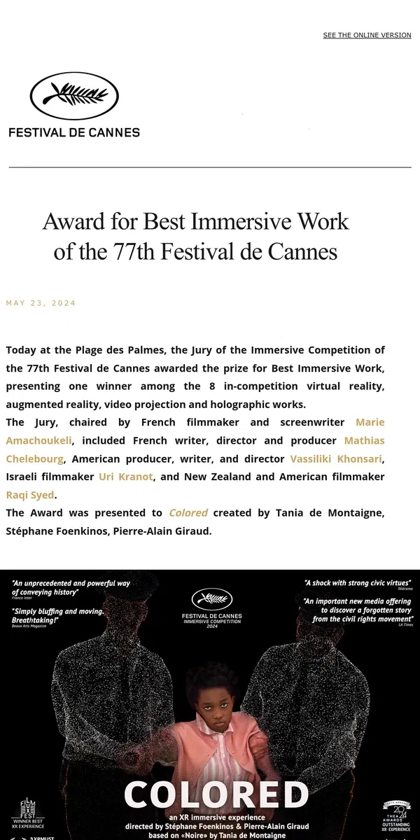 Email from Festival de Cannes. Award for Best Immersive Work  of the 77th Festival de Cannes