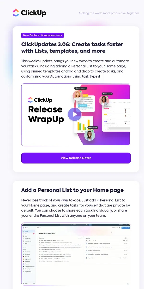 Email from ClickUp. Create tasks faster: Personal Lists, pinned templates, drag and drop, and more!