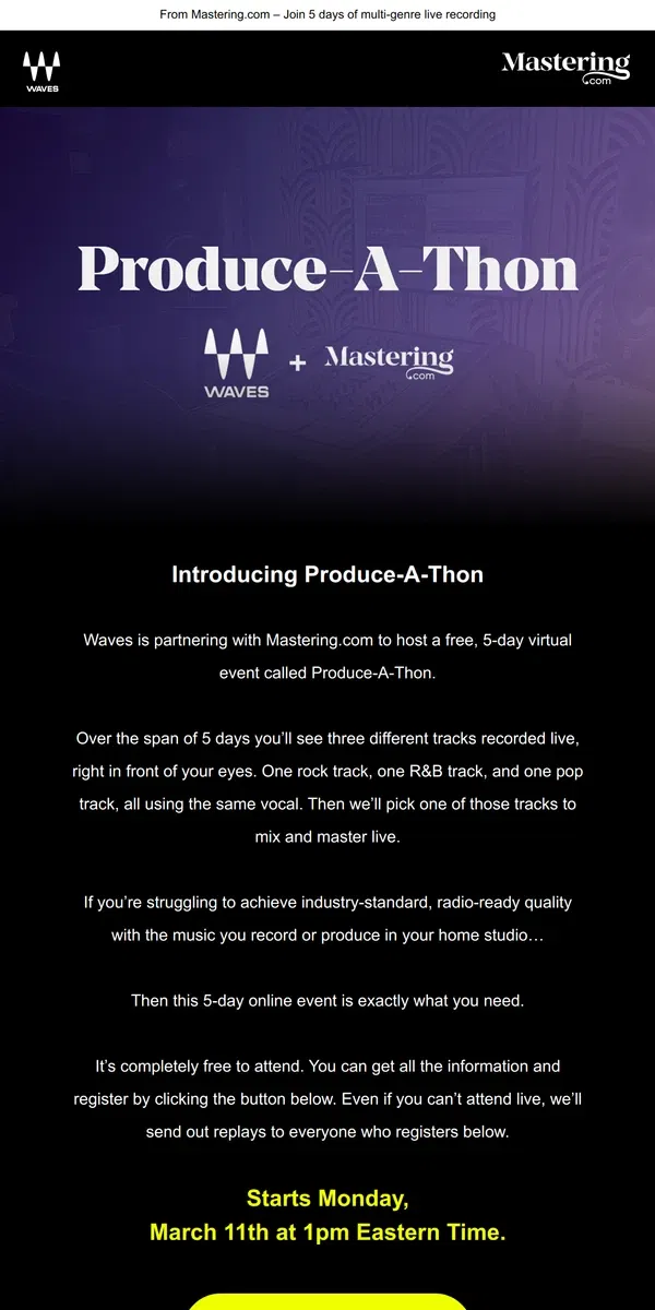 Email from Waves Audio. Produce-A-Thon Online Event