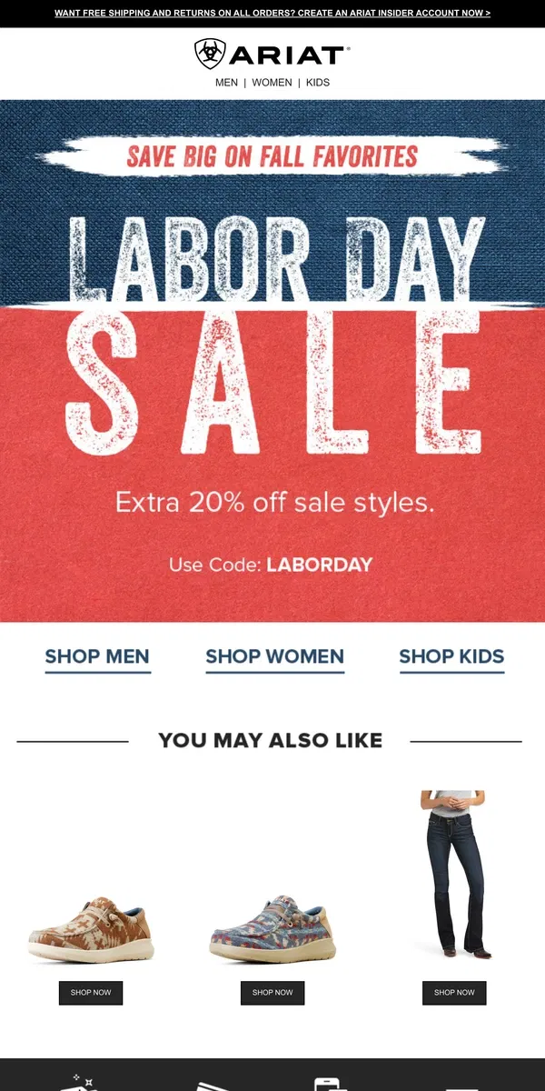 Email from Ariat. Ends Today: Extra 20% Off Labor Day Savings­