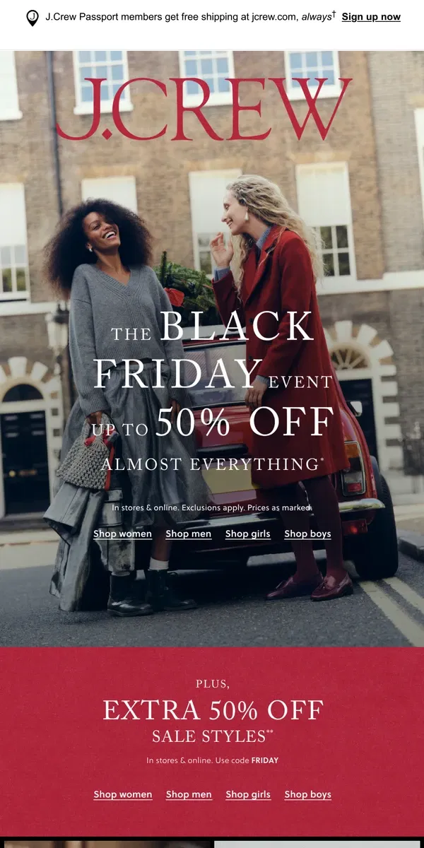 Email from J.Crew. Black Friday, on a Wednesday. Up to 50% off almost everything!