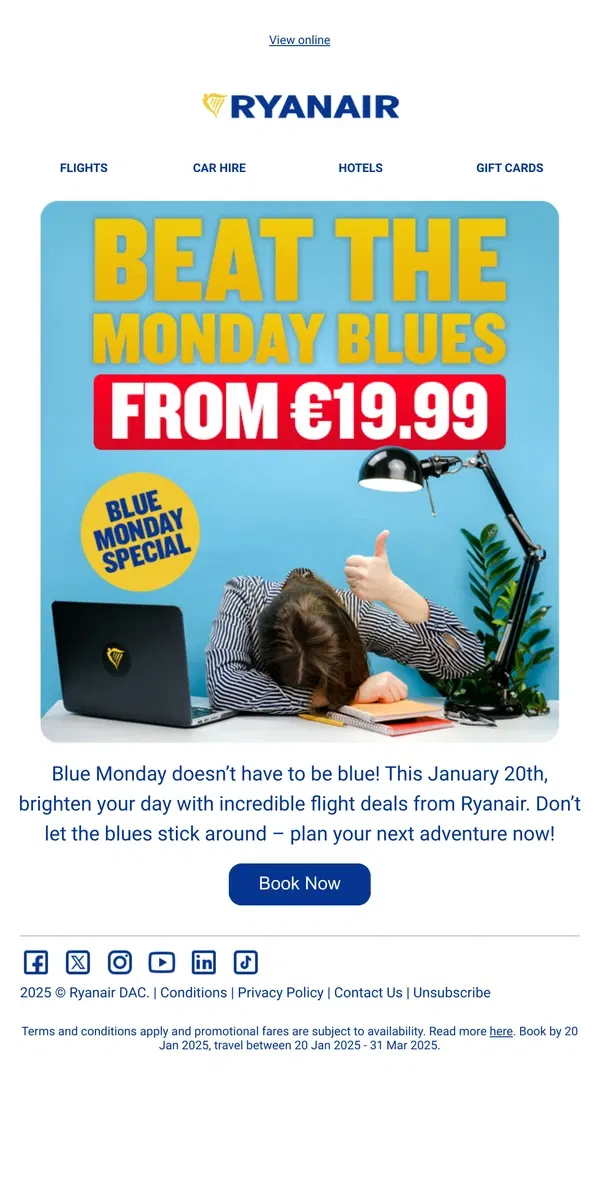 Email from Ryanair. BYE-BYE BLUES, HELLO DEALS