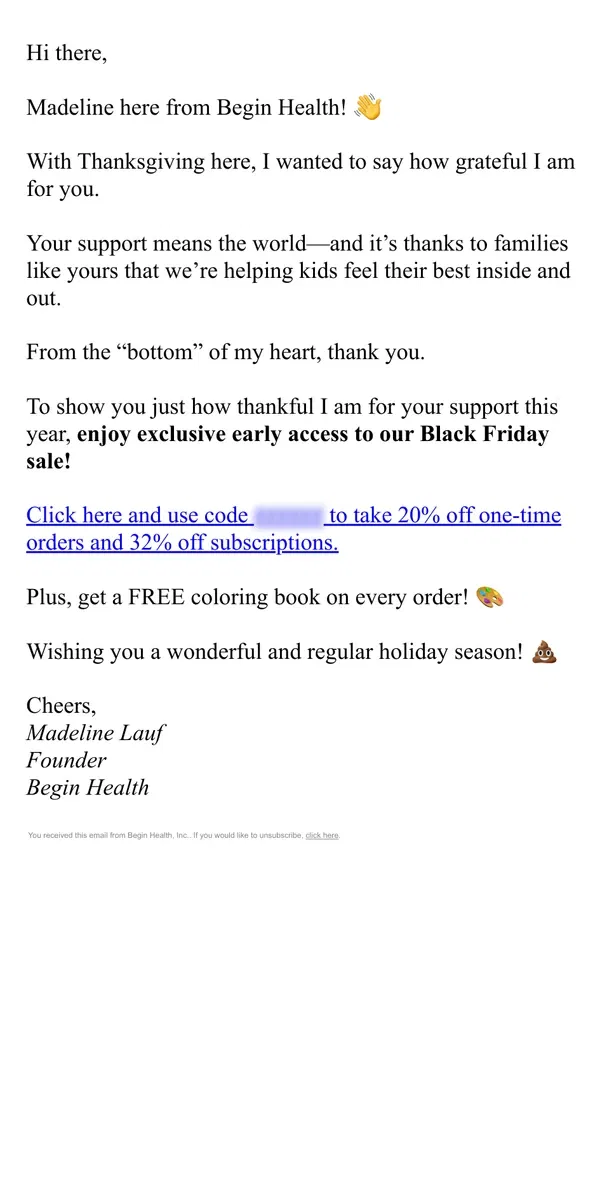 Email from Begin Health. THANK YOU 🦃🫶