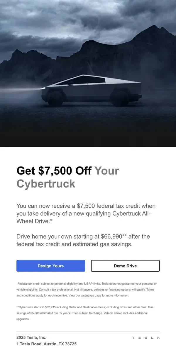 Email from Tesla. Cybertruck Is Now Eligible for the Federal Tax Credit