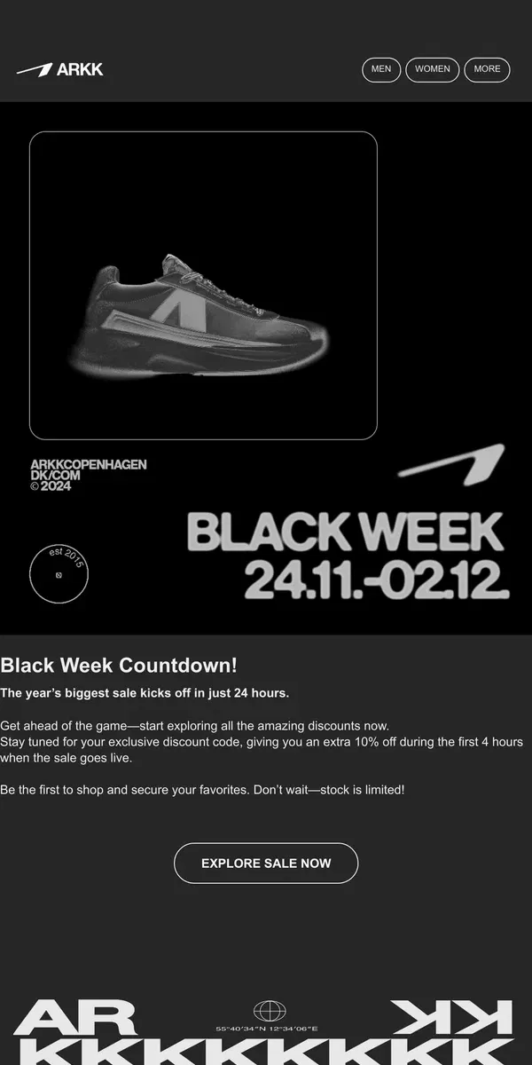 Email from ARKK Copenhagen. Black Week Starts Tomorrow – Sneak Peek Discounts Now!