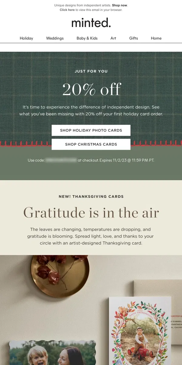 Email from Minted. Extended! 20% off