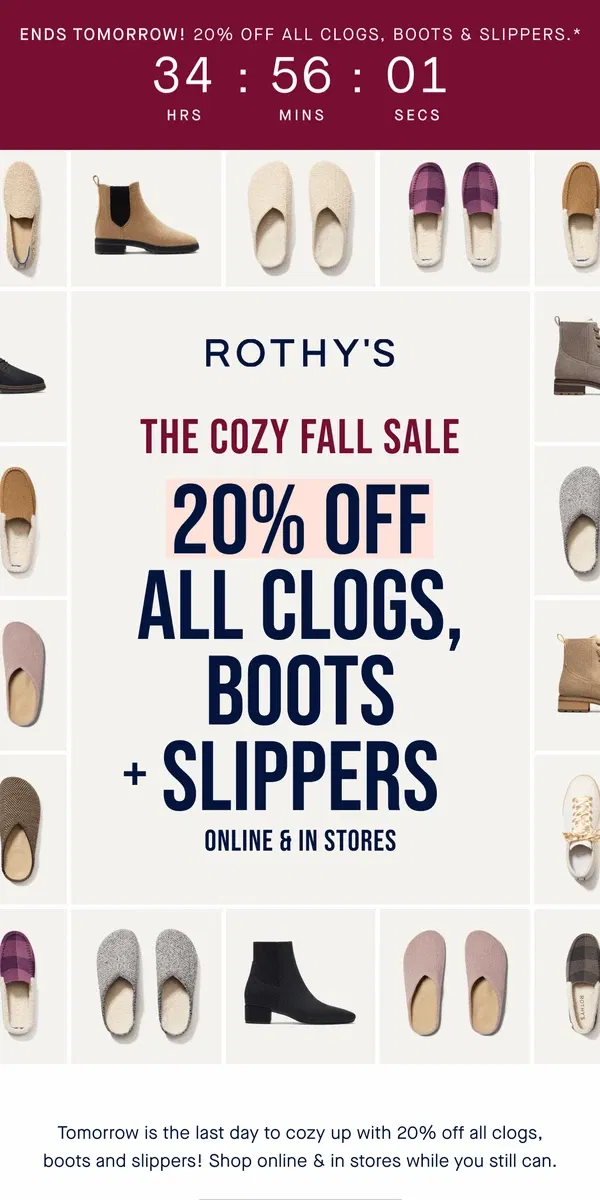 Email from Rothy's. ONE DAY LEFT for The Cozy Fall Sale!