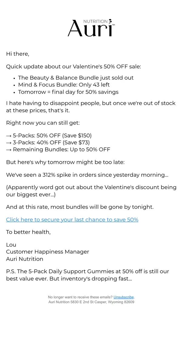 Email from Auri Nutrition. ⚠️ 50% OFF ends tomorrow (2 bundles already sold out)