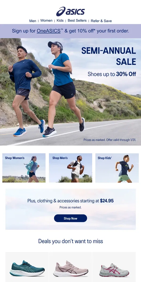 Email from ASICS. The Semi-Annual Sale is here!