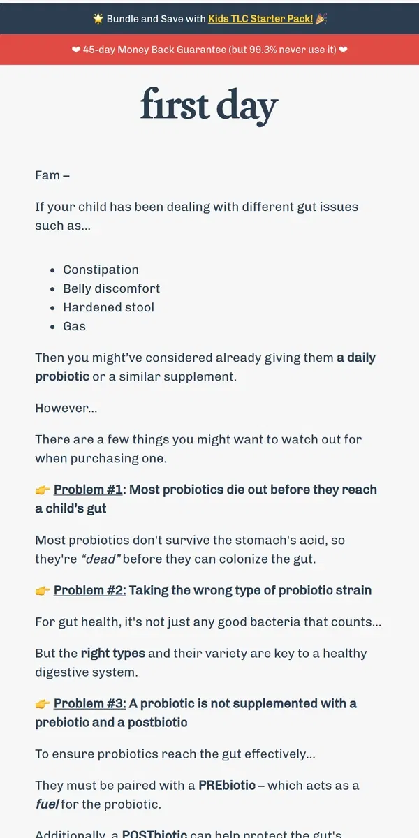 Email from First Day. Giving your child a probiotic? Must read this.