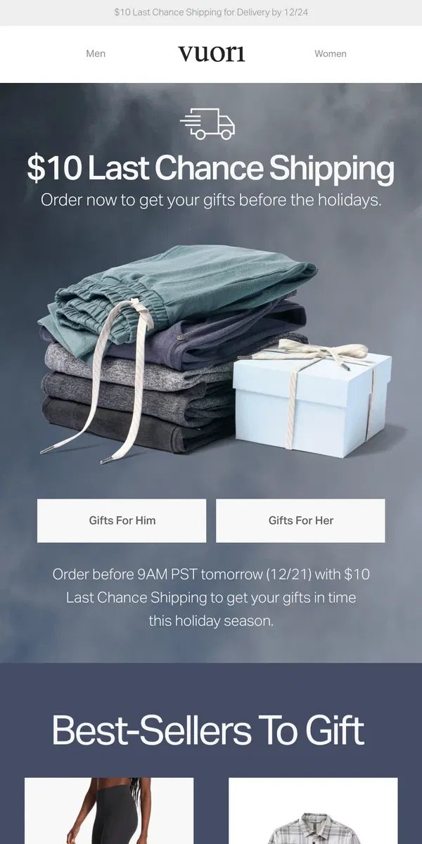 Email from Vuori. Last Chance for Delivery by 12/24