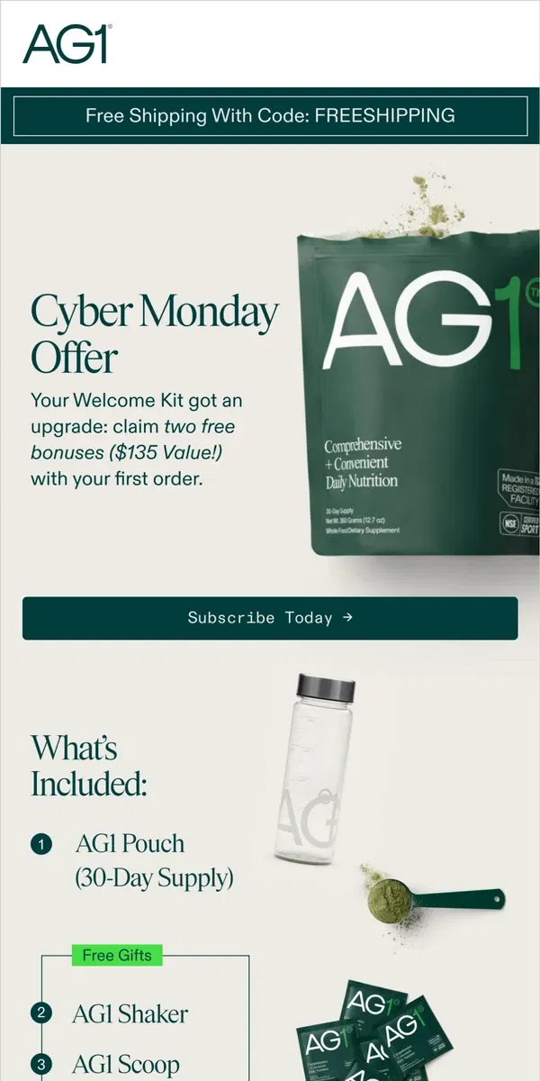 Email from AG1 by Athletic Greens. Cyber Monday Comes With FREE Gifts!