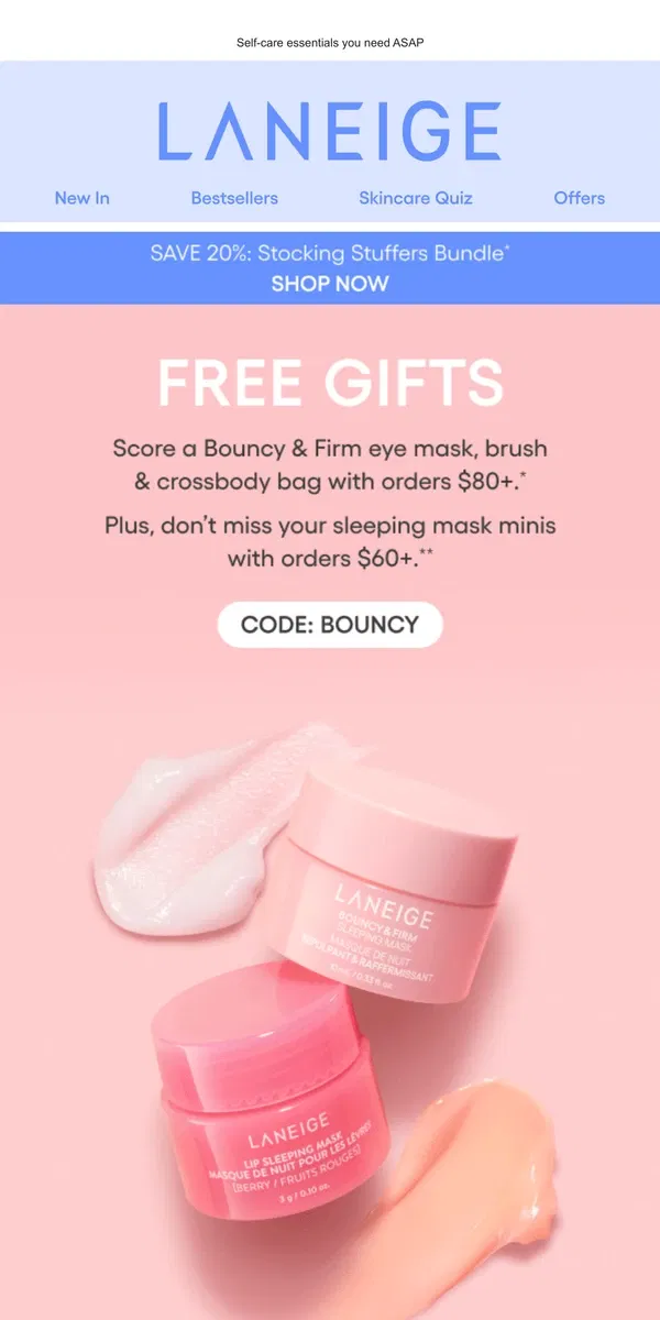 Email from LANEIGE. FREE Gift Alert: On Orders $80+