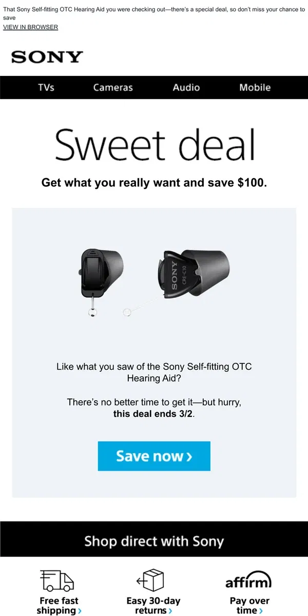 Email from Sony. You Saw It, You Loved It, Now Get It | Plus, Save $100