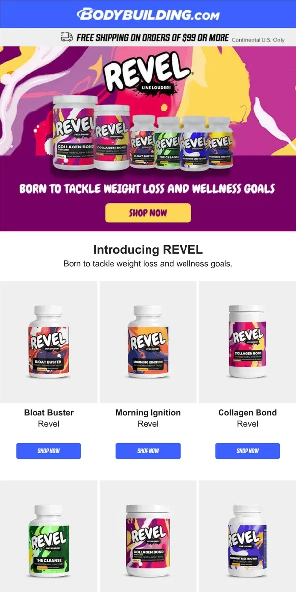 Email from Bodybuilding.com. Introducing REVEL - Live Louder!