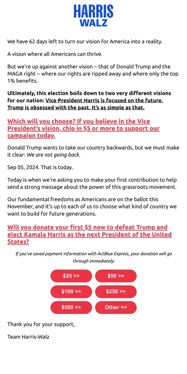 Email from Kamala Harris. Sep 05, 2024 is today.