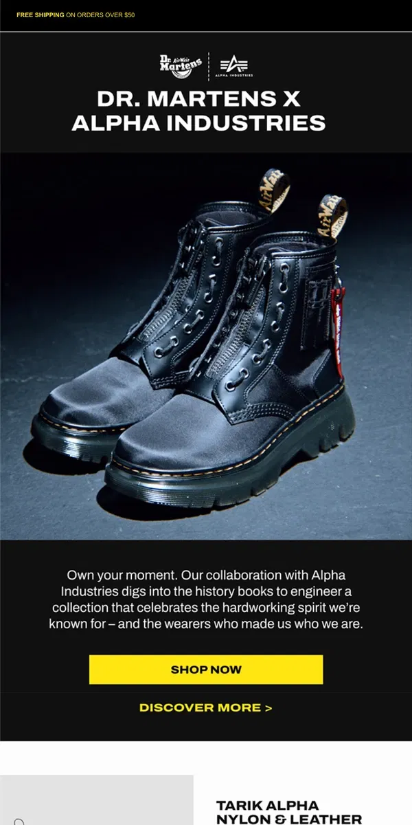 Email from Dr. Martens. Dr. Martens x Alpha Industries