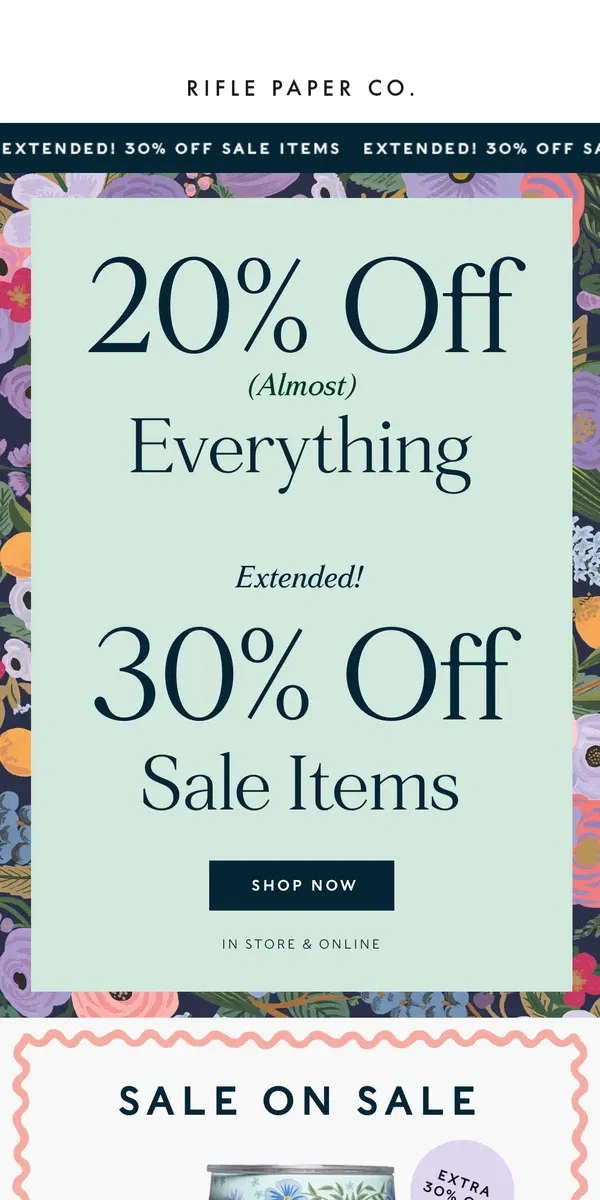 Email from Rifle Paper Co.. 📣 Last Chance: Extra 30% Off Sale Items Ends Tonight